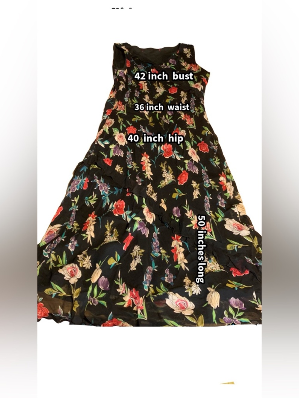 VINTAGE Y2K BLACK MULTI-COLOR FLORAL PRINT W/LACE RUFFLE CHIFFON SILK DRESS (L) - Picture 11 of 12